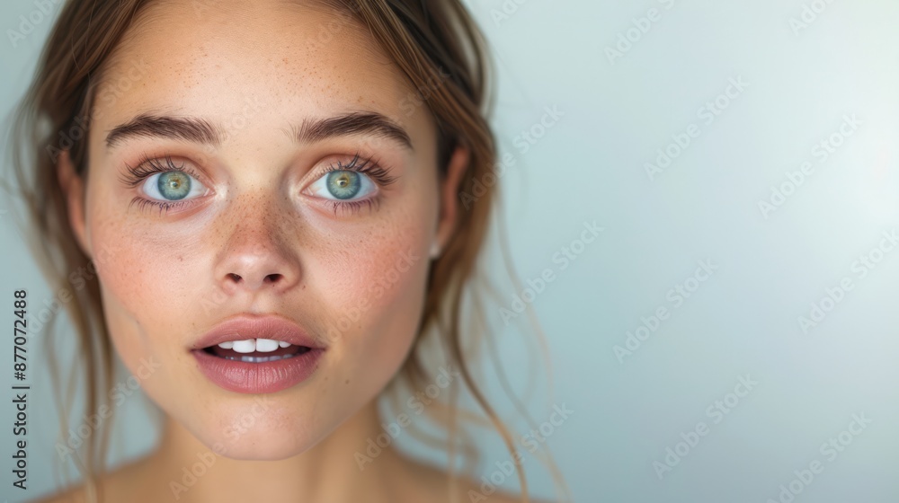 a close-up of a beautiful woman with a surprised expression, her eyes wide open and mouth slightly agape, capturing a moment of unexpected shock, providing ample copy space for text a close-up of a beautiful woman with a surprised expression, her eyes wide open and mouth slightly agape, capturing a moment of unexpected shock, providing ample copy space for text