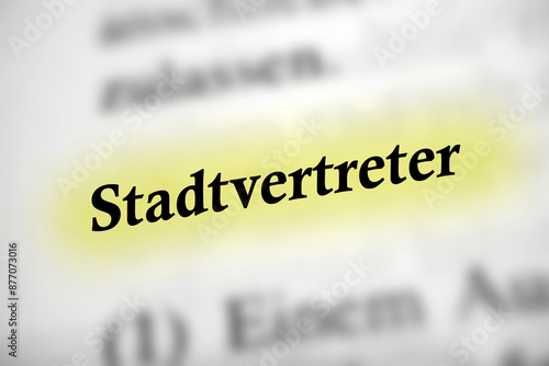 Stadtvertreter - Deutsches Text Wort mit gelber Markierung