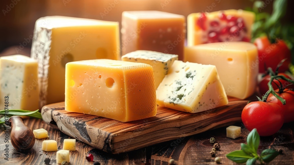 A gourmet presentation of various cheese blocks and slices such as blue cheese and cheddar, garnished with fresh tomatoes, herbs, and peppercorns. A gourmet presentation of various cheese blocks and slices such as blue cheese and cheddar, garnished with fresh tomatoes, herbs, and peppercorns.