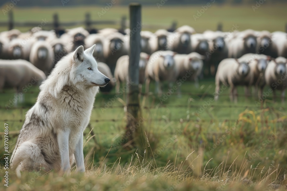 Obraz premium Wolf Guarding Flock of Sheep