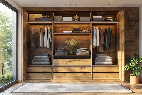 Interior of wardrobe with simple wooden furniture in modern house. photo