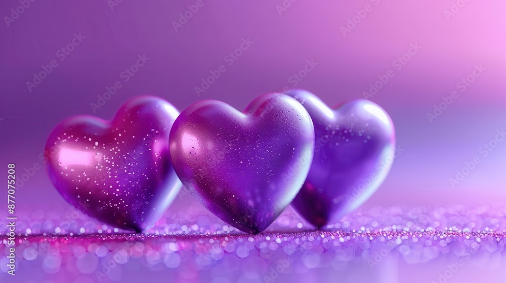 Obraz premium An eye-catching depiction of three shiny purple hearts perfectly aligned on a glittery sparkly background, capturing the essence of love and joyful celebration.