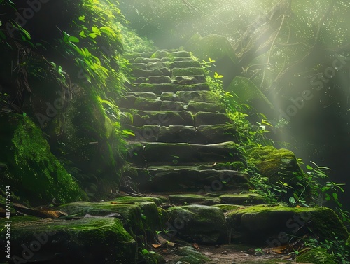 ancient stone steps covered in velvety green moss winding through a misty forest dappled sunlight filtering through leaves creates a ethereal fairytalelike atmosphere photo