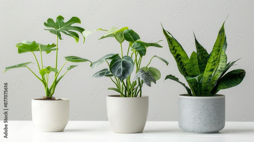 artful arrangement of three distinct potted plants on a crisp white table varying leaf shapes and textures create a harmonious botanical composition artful arrangement of three distinct potted plants on a crisp white table varying leaf shapes and textures create a harmonious botanical composition