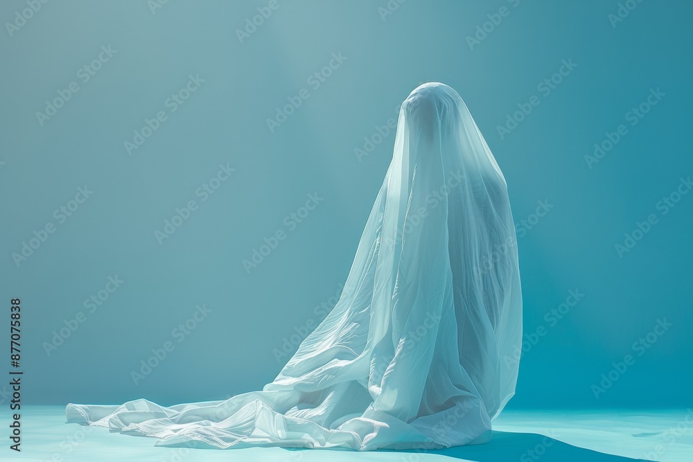 3D illustration mockup and rendering presents a charming ghost, dressed in a white sheet, radiating happiness with its joyful smile, isolated green blue background. 3D illustration mockup and rendering presents a charming ghost, dressed in a white sheet, radiating happiness with its joyful smile, isolated green blue background.
