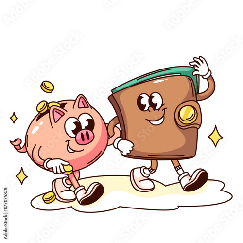 Groovy piggy bank and wallet cartoon characters full of money. Funny retro rich friends walking together. Wealth, money, winning lottery mascot, cartoon sticker of 70s 80s style vector illustration