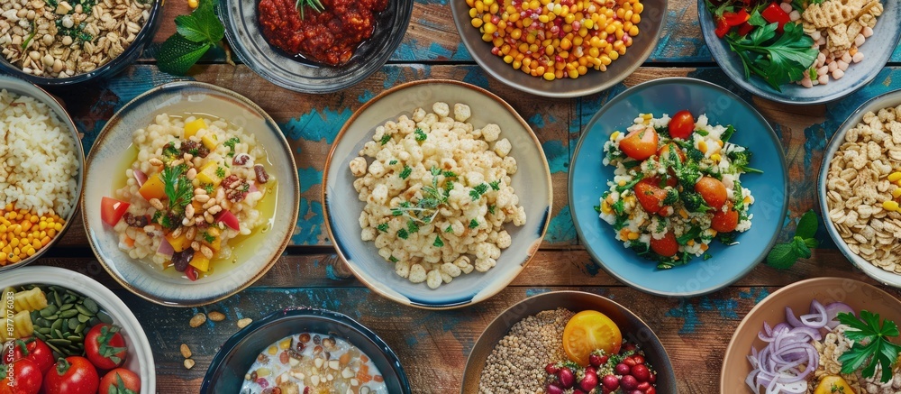 A variety of cereals blends in a plate with diverse dishes atop a designer layout, set on a weathered board, pictures in a collage with menus captured in one copy space image mockup. A variety of cereals blends in a plate with diverse dishes atop a designer layout, set on a weathered board, pictures in a collage with menus captured in one copy space image mockup.