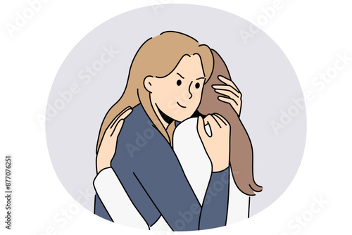 False friendship between two women hugging and conceived insidious plan in secret from friend. Insidious girl cunningly hugs crying female friend to console after breaking up with boyfriend