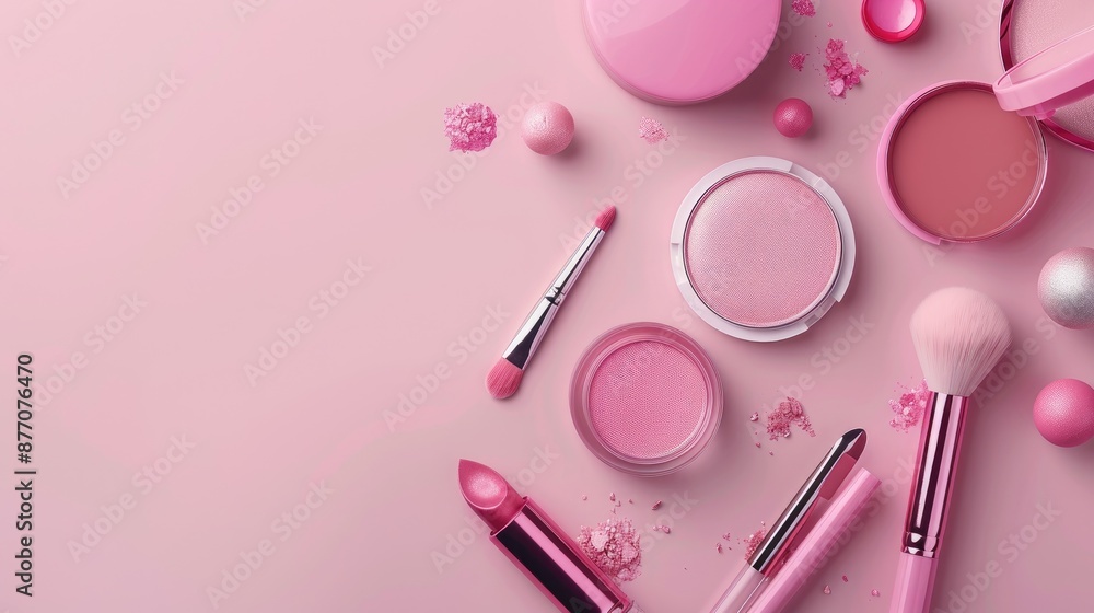 Cosmetic products for professional makeup on pink background Beauty items for skin care Cosmetic products for professional makeup on pink background Beauty items for skin care