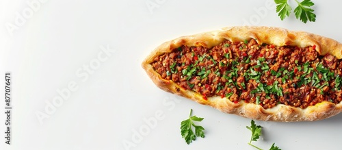 Turkish minced meat pide on a white background, with a copy space image. photo