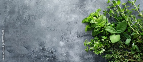 On a gray table, there is a bunch of fresh herbs with a banner providing copy space image. photo