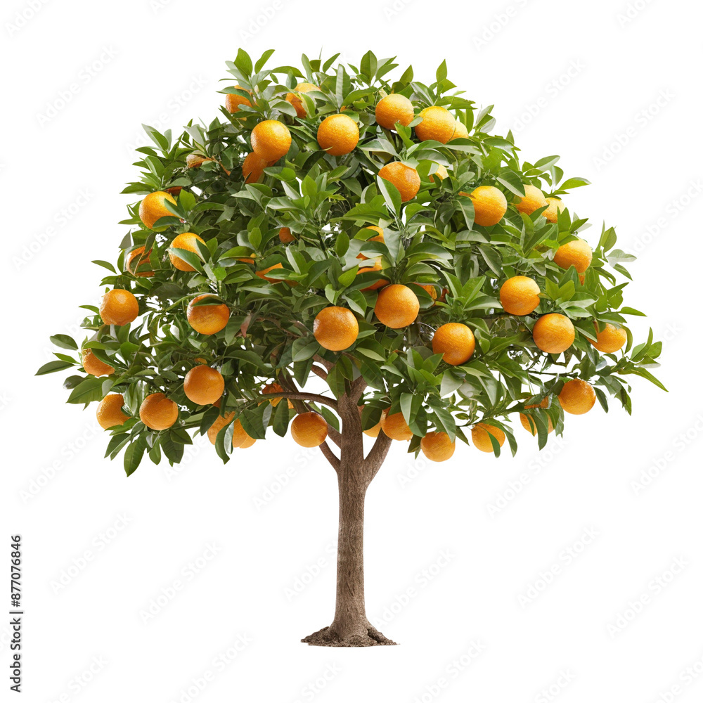 Lush orange tree with ripe oranges hanging on branches against white background, perfect for agricultural or botanical themes. Lush orange tree with ripe oranges hanging on branches against white background, perfect for agricultural or botanical themes.
