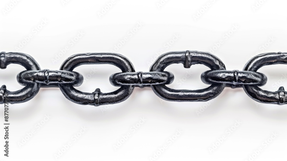 Fototapeta premium Isolated black metal chain on textured white background with linked for fastening objects empty space