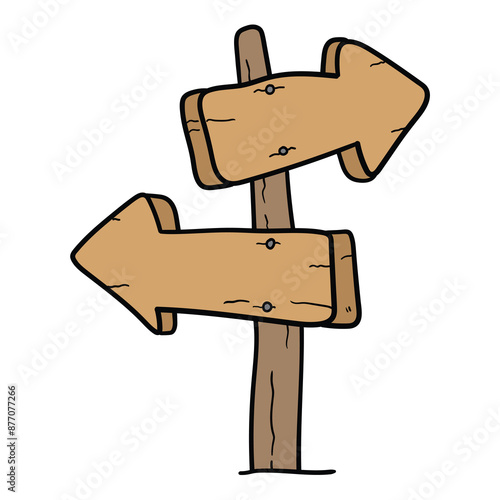 Hand drawn cartoon old wooden signpost on white background.