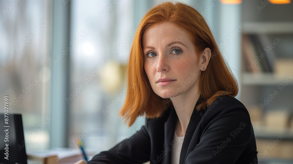 Focused businesswoman at desk in bright office Focused businesswoman at desk in bright office