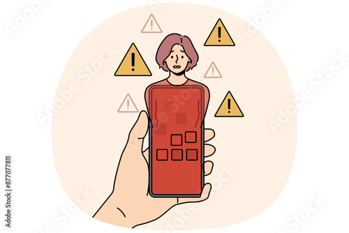 Red phone infected with virus in hand and panicking woman symbolize internet bullying and cyber attacks. Girl became victim of hackers and scammers hacked into phone or stole personal passwords