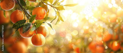 Tropical fruit harvest concept design with copy space image: Fresh ripe oranges on a sunny day, hanging from an orange tree branch.