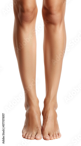 Close-up of bare legs and feet standing together on a white background, showcasing smooth skin and natural beauty.