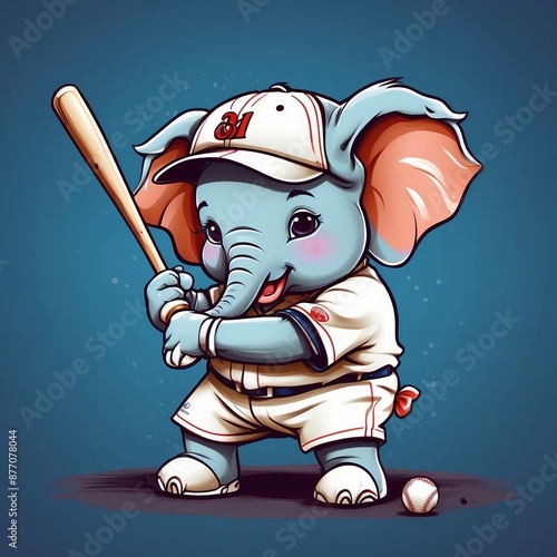 Cute baby elephant baseball player Vector Logo little animal character, illustration simbol print
