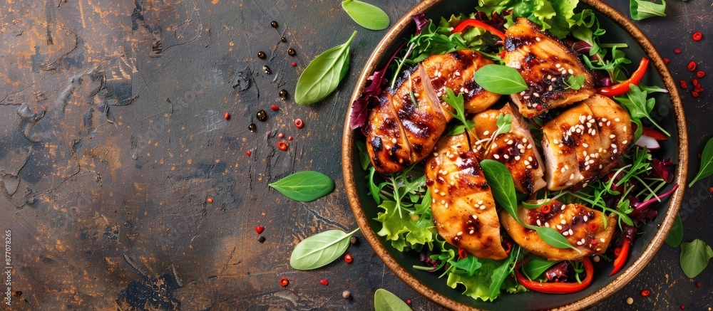 Asian-style marinated chicken with honey, garlic, soy sauce, herbs, and veggies on copy space image. Asian-style marinated chicken with honey, garlic, soy sauce, herbs, and veggies on copy space image.