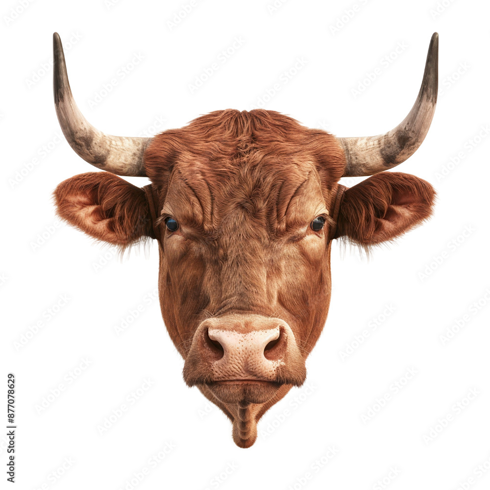Close-up of a brown bull's head with prominent horns, detailed texture of fur, isolated on a white background. Close-up of a brown bull's head with prominent horns, detailed texture of fur, isolated on a white background.