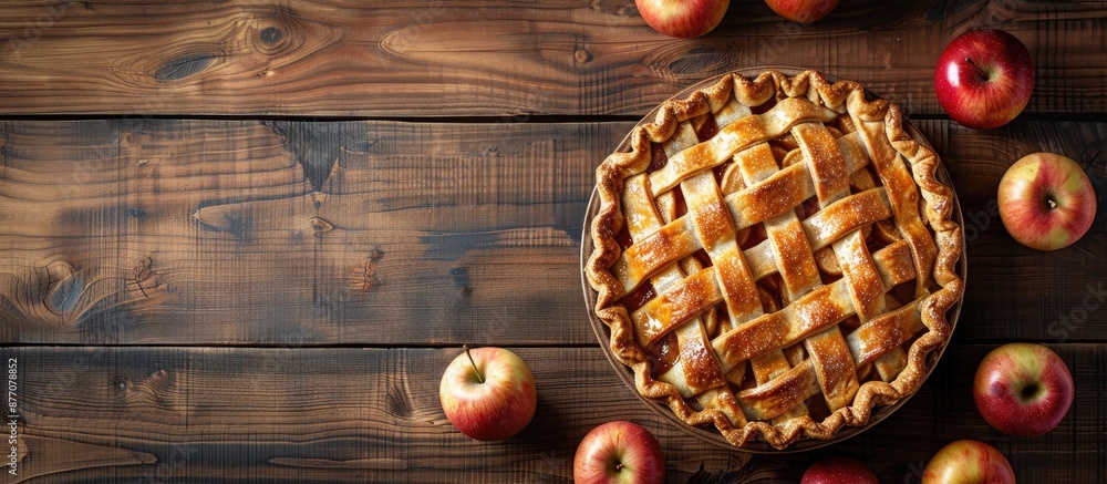 Apple pie resting on a wooden table in a flat lay view with copy space image. Apple pie resting on a wooden table in a flat lay view with copy space image.