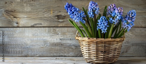 Spring holiday arrangement with a blue hyacinth flower in a wicker basket on a vintage unpainted wooden backdrop, perfect for copy space image.