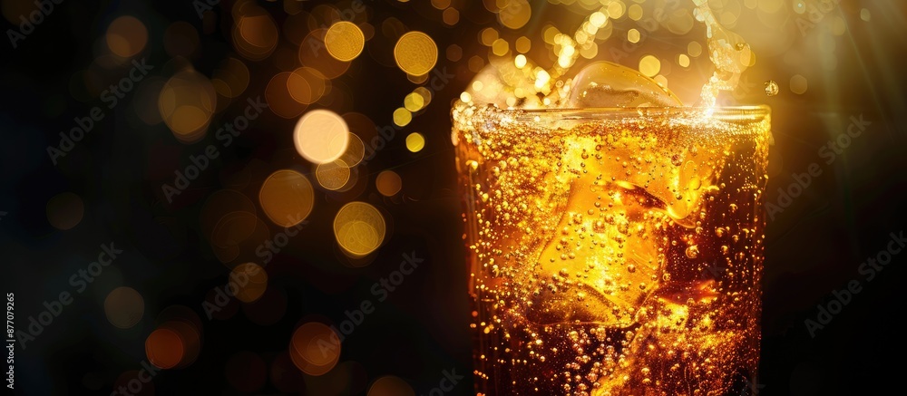 Side view of a sparkling drink in a golden backlit glass against a blurred black backdrop with soft focus, providing a copy space image. Side view of a sparkling drink in a golden backlit glass against a blurred black backdrop with soft focus, providing a copy space image.