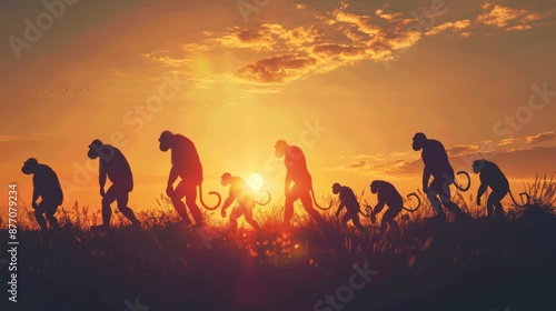 Human evolution. A study of the sequence of biological evolution of Homo sapiens. The face of a monkey, ape, ancient humans, modern humans