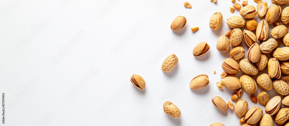 Isolated peanuts on a white background, ideal for a close-up snack nuts image with room for text, perfect for a copy space image. Isolated peanuts on a white background, ideal for a close-up snack nuts image with room for text, perfect for a copy space image.