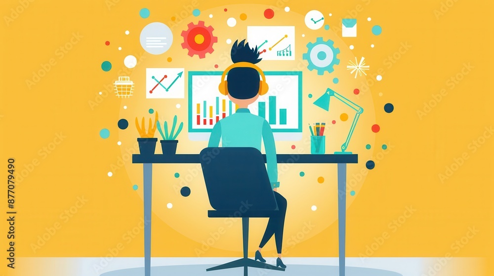 Problem-solving: Analysis, Resolution, Strategy, Solution, Critical thinking, person analyzing data with charts, flat design illustration Problem-solving: Analysis, Resolution, Strategy, Solution, Critical thinking, person analyzing data with charts, flat design illustration