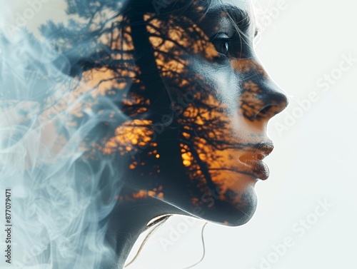 Double exposure portrait of a woman with trees and smoke overlayed. photo