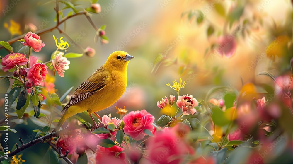 A vibrant yellow bird perched among colorful flower blossoms, creating a lively and picturesque scene filled with nature's beauty A vibrant yellow bird perched among colorful flower blossoms, creating a lively and picturesque scene filled with nature's beauty