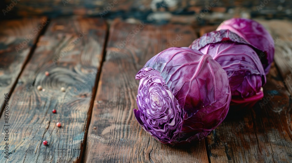Fototapeta premium Red cabbage on a wooden table with minimalist background , 