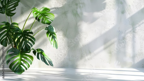 A serene scene featuring lush green monstera plant leaves against a sunlit wall, creating a tranquil and natural atmosphere perfect for promoting nature-related products or concepts. photo