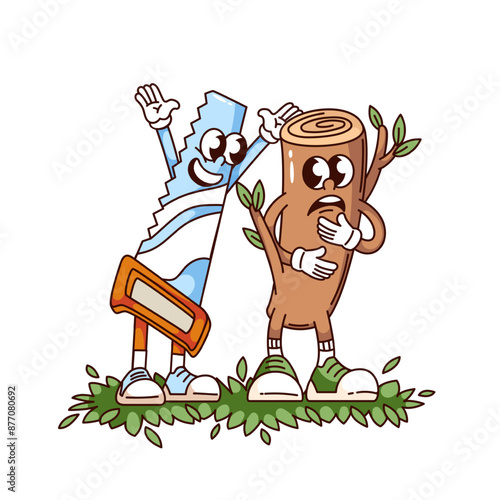 Groovy hand saw and tree trunk cartoon characters meeting. Funny retro tool of lumberjack for sawing wood and wooden log. Carpentry, saw mascot, cartoon sticker of 70s 80s style vector illustration