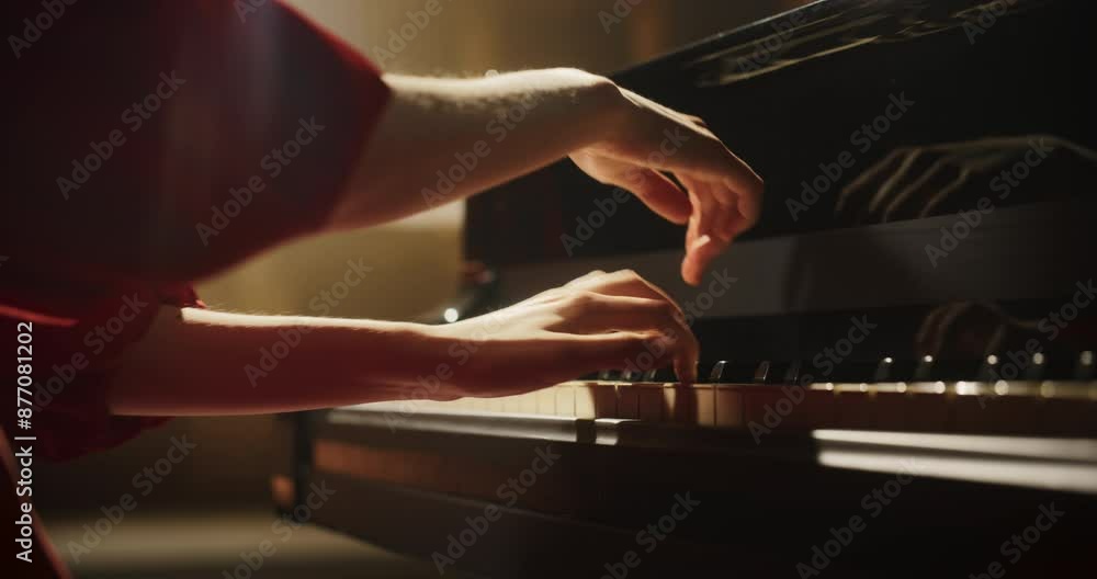 Close Up on Pianist Hands Playing an Exciting Jazz Melody on a Black Grand Piano. Anonymous Artist is Focused on Creating Beautiful Instrumental Song as She Practicing Playing on a Keyboard Close Up on Pianist Hands Playing an Exciting Jazz Melody on a Black Grand Piano. Anonymous Artist is Focused on Creating Beautiful Instrumental Song as She Practicing Playing on a Keyboard