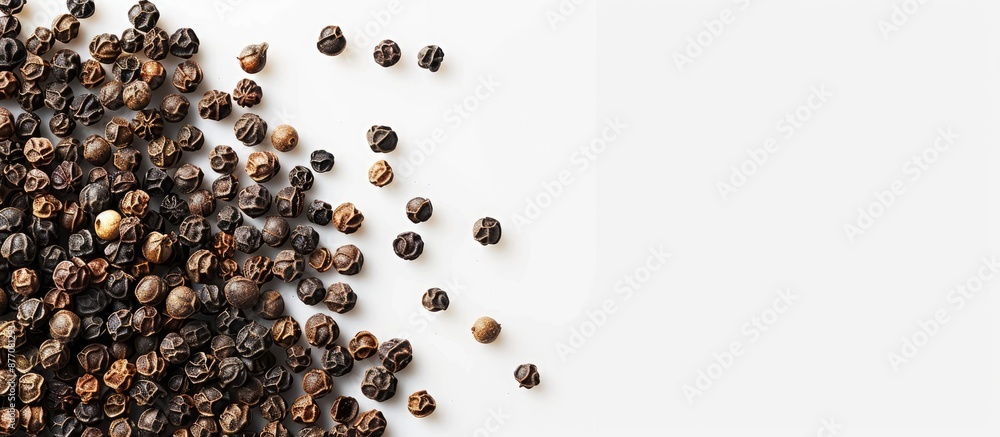 Black peppercorns with a white background providing ample space for additional content in the image. Black peppercorns with a white background providing ample space for additional content in the image.