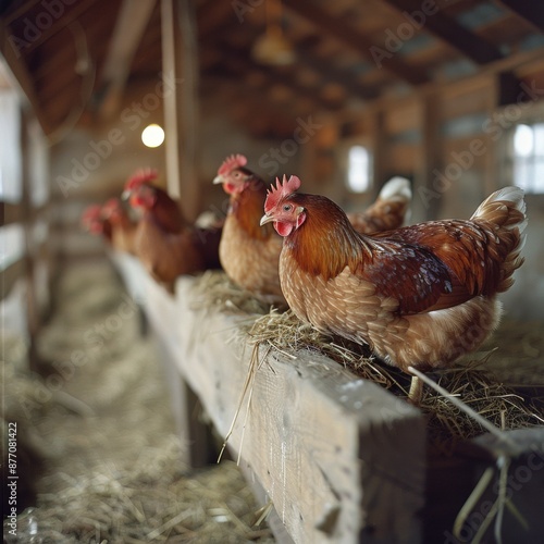 Modern and Humane Farming: Hens Perched in Spacious Coop with Clean Straw Bedding and Natural Light photo