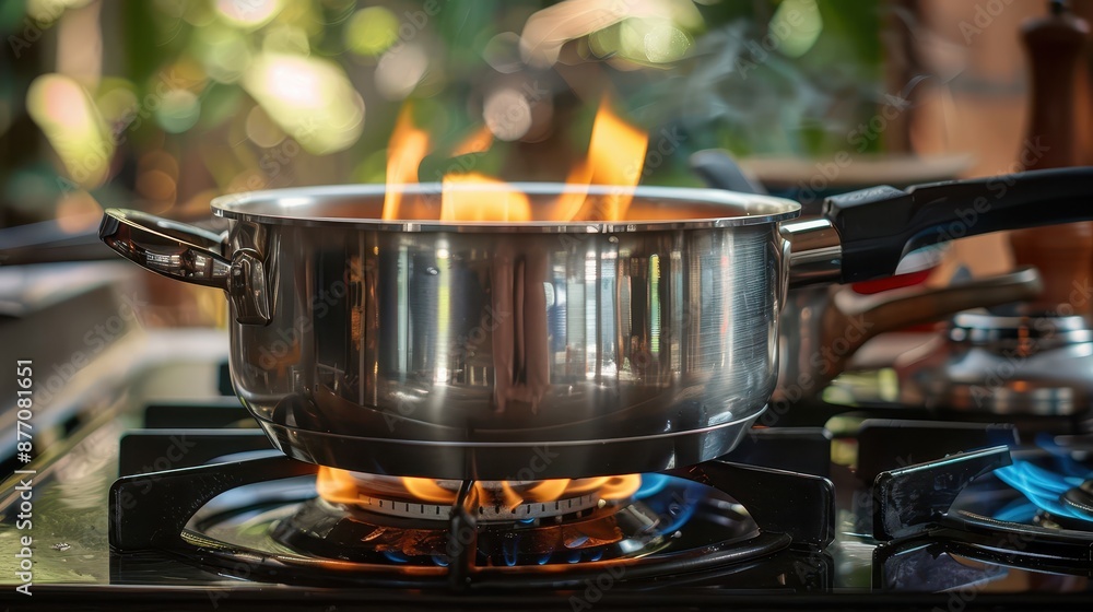 A stainless steel pot is boiling on a gas stove with visible blue flames underneath, standing in a home kitchen area with a hint of green plants in the blurred background. A stainless steel pot is boiling on a gas stove with visible blue flames underneath, standing in a home kitchen area with a hint of green plants in the blurred background.