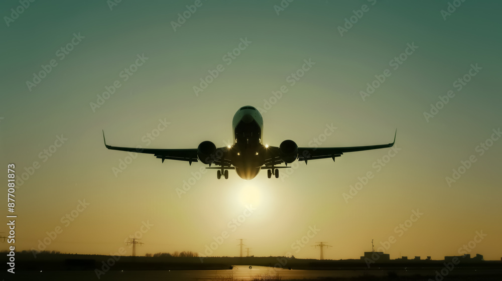 A silhouette of a commercial airplane landing at sunset, captured against a golden sky, representing aviation and travel. A silhouette of a commercial airplane landing at sunset, captured against a golden sky, representing aviation and travel.