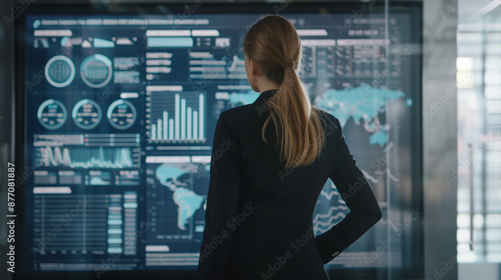 Modern Office Setting: Professional Businesswoman Presenting a Strategic Plan with a Sleek Digital Interface Modern Office Setting: Professional Businesswoman Presenting a Strategic Plan with a Sleek Digital Interface