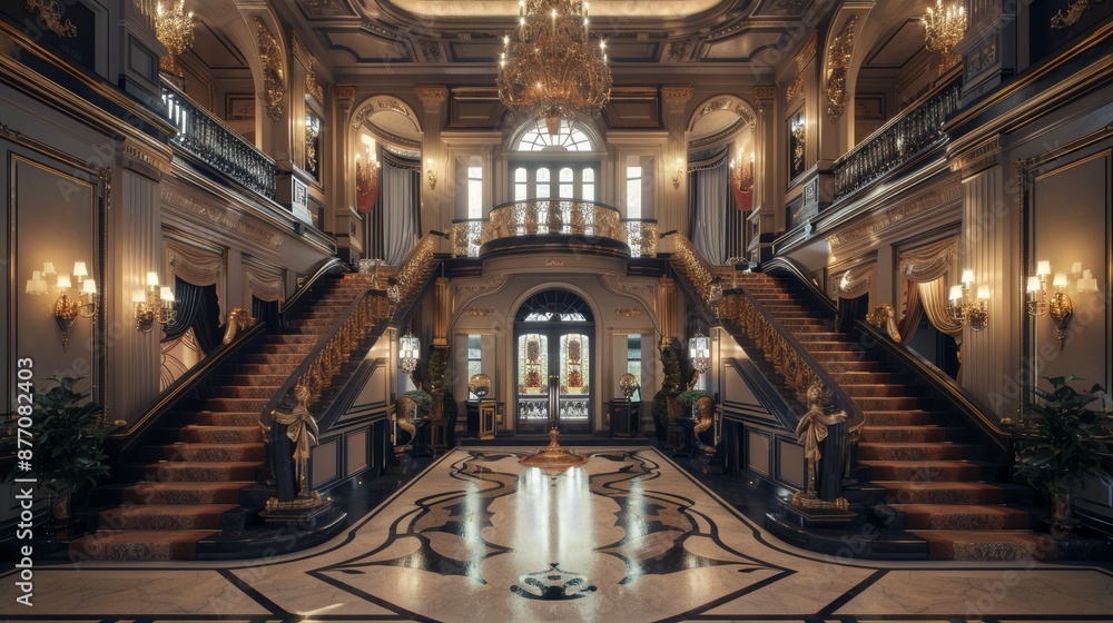Fototapeta premium Luxurious mansion with grand entry, high ceilings, and opulent interior decor in realistic setting