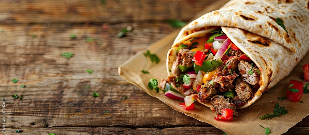 Φωτογραφία Image of a Mexican sandwich with burrito, fajita, tacos, and wrap on a wooden background, featuring tortilla, beef, chicken, and fresh veggies; ideal for a quick, healthy meal with room for text