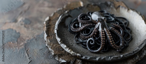 Top-down view of black pasta with octopus tentacles served on a textured stone plate against a rustic backdrop, with a spacious area for additional elements in the image. photo