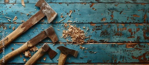 Vintage carpentry tools like axes, saws, and plane shavings displayed on a weathered blue wooden backdrop with copy space image. photo