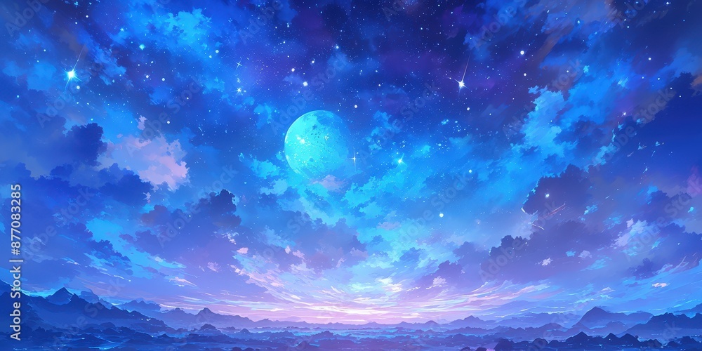 Starry Night with Full Moon and Mountains Starry Night with Full Moon and Mountains