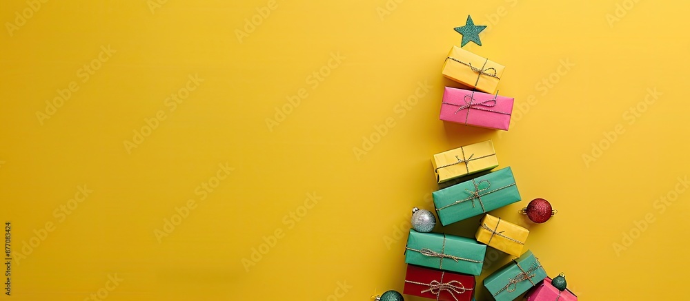 A Christmas tree created from gift boxes set against a yellow background, with copy space image. A Christmas tree created from gift boxes set against a yellow background, with copy space image.