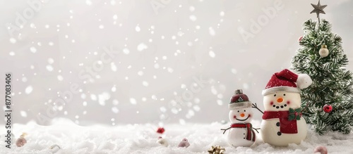 Christmas and New Year greetings with Santa Claus, a snowman doll, and a Christmas tree on a white background, a festive scene with room for text or images. photo