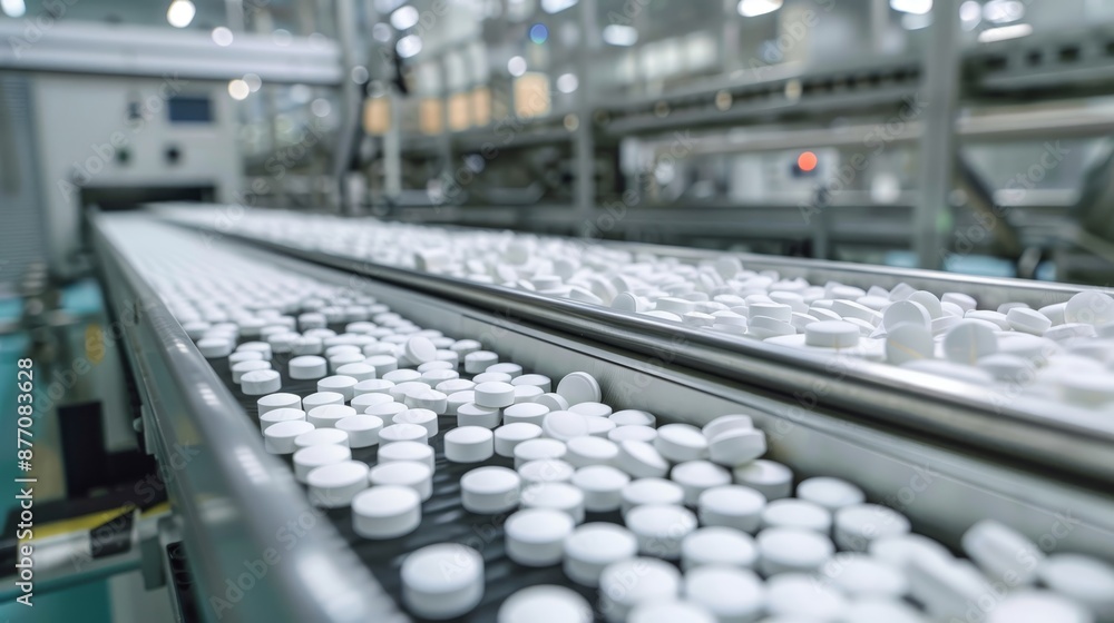 Pharmaceutical plant white capsules on belt for quality control and batch consistency Pharmaceutical plant white capsules on belt for quality control and batch consistency
